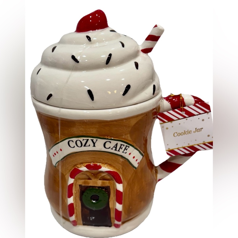 CHRISTMAS HOLIDAY WINTER COFFEE/HOT CHOCOLATE COOKIE JAR/CANISTER “COZY CAFE”